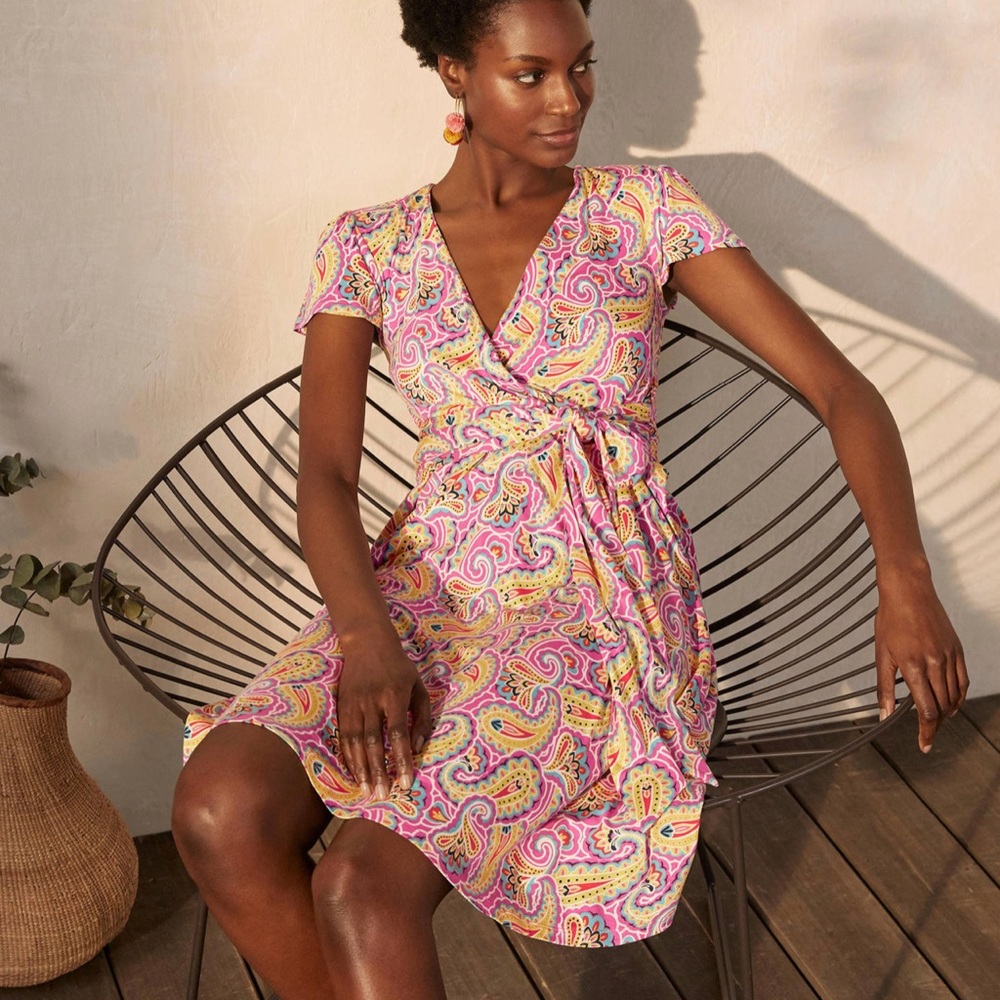 Boden Evangeline Jersey Wrap Dress Size 8L In Pink Paisley Floral Print